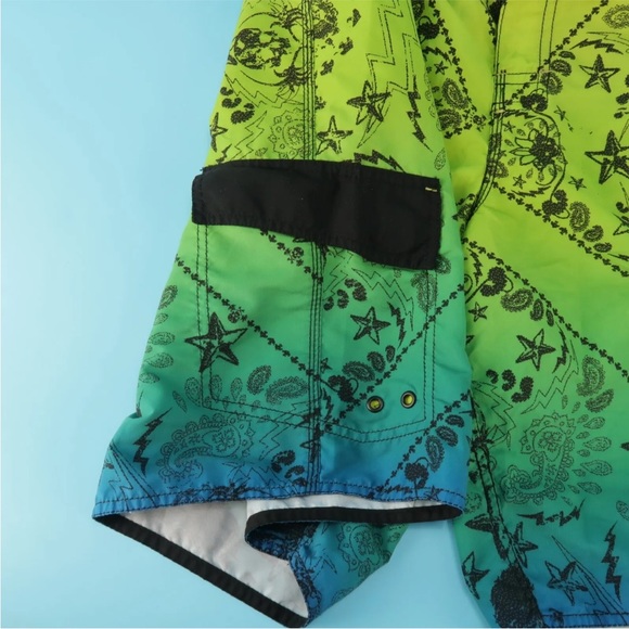 Joe Boxer Men's Swim Trunks Shorts Green Blue Black Skull Star Print Size L - Picture 2 of 5